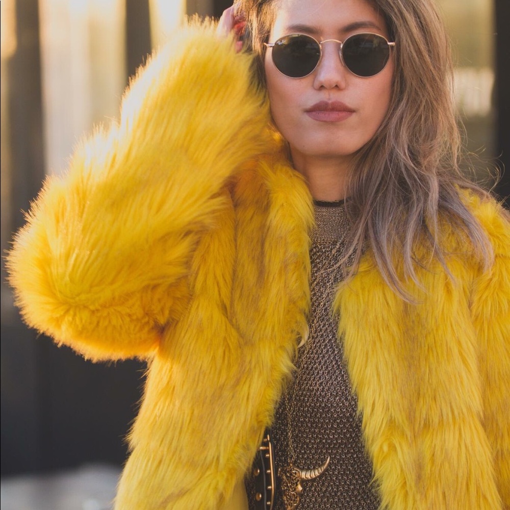 BERSHKA yellow faux fur coat XS